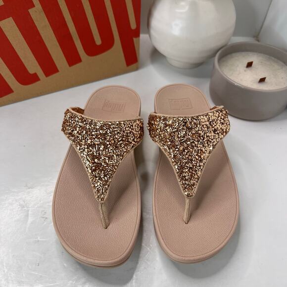Fitflop Lulu Shimmerfoil Platform Toe-Thongs Sandal Gold Women 5 NWB - Picture 1 of 11